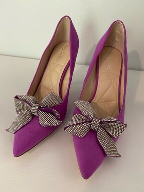 Anne Michelle Fuchsia Pointed-Toe Heels with Crystal Bow